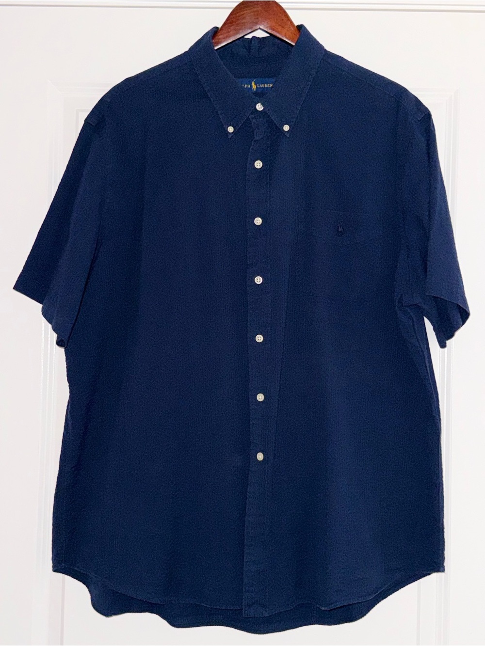 Ralph Lauren Classic Fit Seersucker Mens XXL Navy Short Sleeve Button Down Shirt